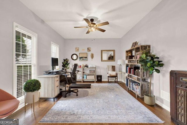 224 Mountain View Dr, Woodstock, GA 30188 - office with a ceiling fan, wood finished floors, and baseboards
