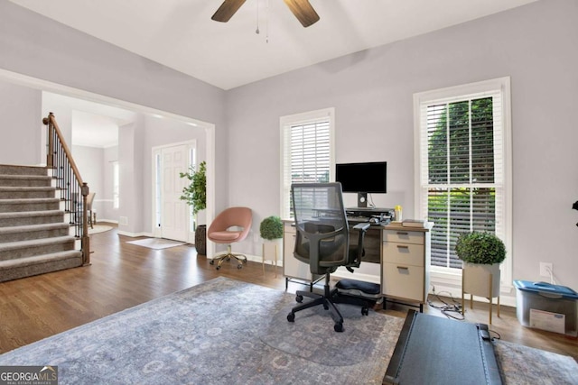 224 Mountain View Dr, Woodstock, GA 30188 - office space with ceiling fan, wood finished floors, and baseboards
