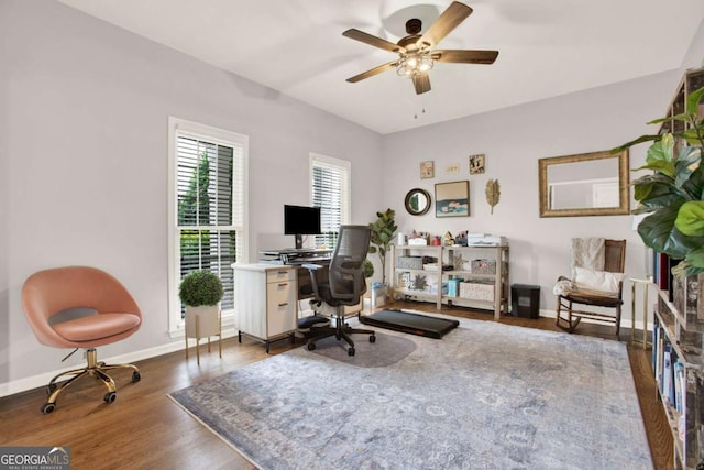 224 Mountain View Dr, Woodstock, GA 30188 - office featuring wood finished floors, a ceiling fan, and baseboards