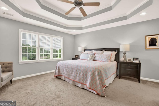 224 Mountain View Dr, Woodstock, GA 30188 - carpeted bedroom featuring a tray ceiling, ornamental molding, baseboards, a ceiling fan, and recessed lighting