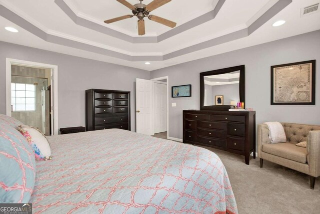 224 Mountain View Dr, Woodstock, GA 30188 - bedroom with a tray ceiling, carpet flooring, recessed lighting, crown molding, and a ceiling fan