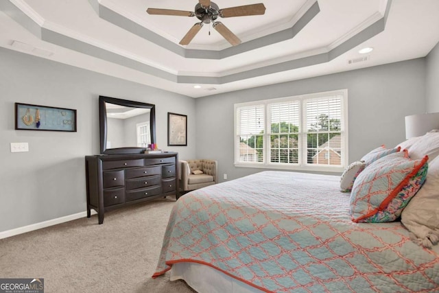 224 Mountain View Dr, Woodstock, GA 30188 - carpeted bedroom with crown molding, a raised ceiling, ceiling fan, baseboards, and recessed lighting