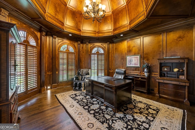 816 Blackfoot Trl, Suwanee, GA 30024 - home office with a chandelier, dark wood finished floors, wood ceiling, wooden walls, and crown molding