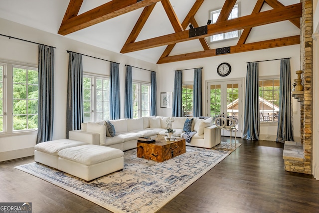 816 Blackfoot Trl, Suwanee, GA 30024 - living area featuring high vaulted ceiling, healthy amount of natural light, beamed ceiling, baseboards, and dark wood-style flooring