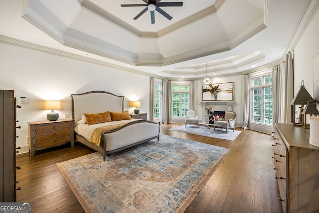 816 Blackfoot Trl, Suwanee, GA 30024 - bedroom with a raised ceiling, multiple windows, hardwood / wood-style floors, ornamental molding, and a fireplace