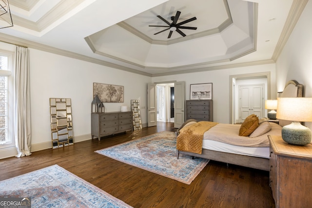 816 Blackfoot Trl, Suwanee, GA 30024 - bedroom featuring a tray ceiling, wood finished floors, ornamental molding, baseboards, and a ceiling fan