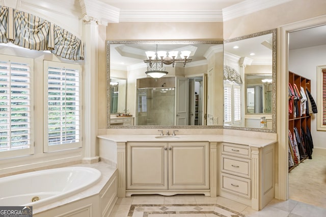 816 Blackfoot Trl, Suwanee, GA 30024 - full bath with a chandelier, crown molding, a jetted tub, vanity, and a stall shower