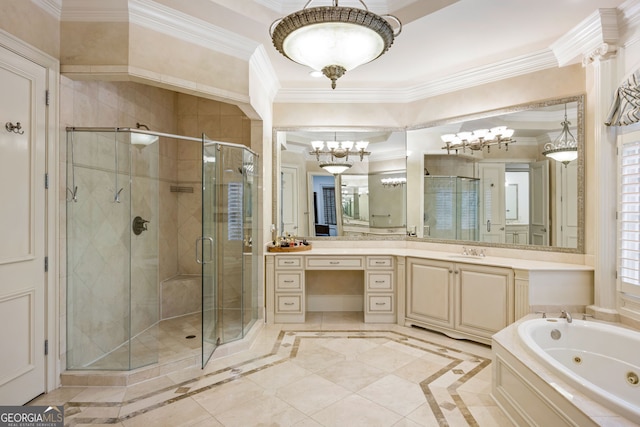 816 Blackfoot Trl, Suwanee, GA 30024 - bathroom featuring crown molding, a shower stall, a whirlpool tub, vanity, and a chandelier