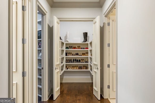 816 Blackfoot Trl, Suwanee, GA 30024 - hall featuring crown molding and dark wood-style floors