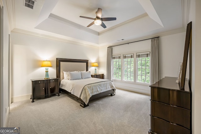 816 Blackfoot Trl, Suwanee, GA 30024 - bedroom featuring a tray ceiling, carpet flooring, crown molding, a ceiling fan, and baseboards