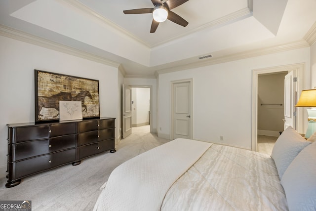 816 Blackfoot Trl, Suwanee, GA 30024 - carpeted bedroom featuring a raised ceiling, ornamental molding, ceiling fan, and baseboards