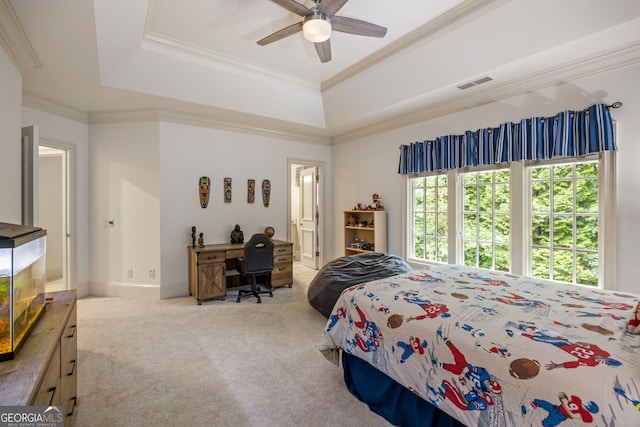 816 Blackfoot Trl, Suwanee, GA 30024 - carpeted bedroom featuring a raised ceiling, ornamental molding, a ceiling fan, connected bathroom, and baseboards
