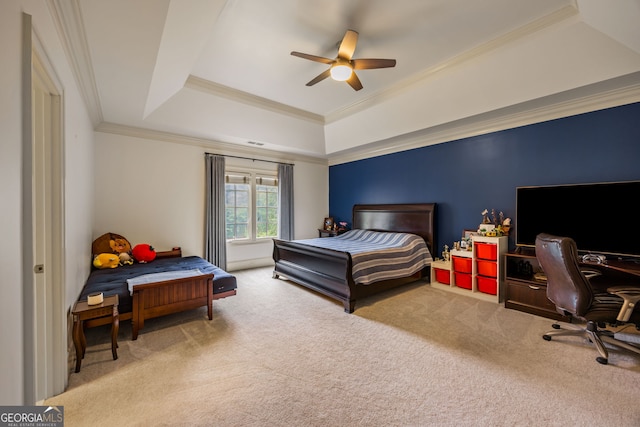 816 Blackfoot Trl, Suwanee, GA 30024 - bedroom with carpet flooring, a raised ceiling, crown molding, a desk, and ceiling fan