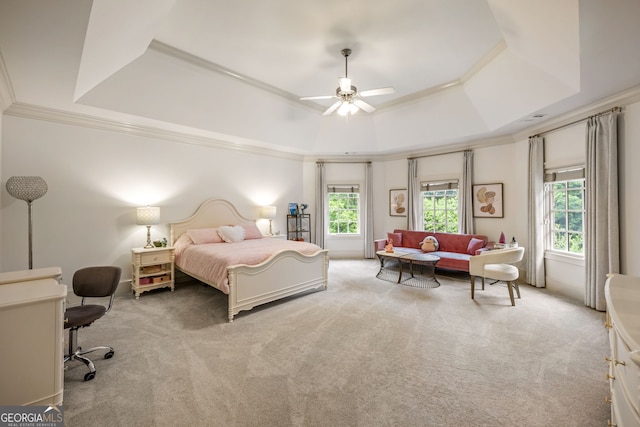816 Blackfoot Trl, Suwanee, GA 30024 - bedroom featuring a raised ceiling, carpet, ornamental molding, and ceiling fan