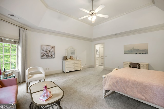 816 Blackfoot Trl, Suwanee, GA 30024 - bedroom featuring light carpet, a tray ceiling, ornamental molding, baseboards, and ceiling fan