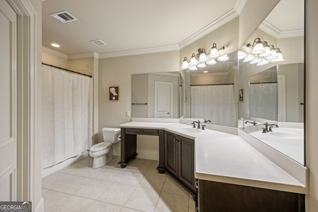816 Blackfoot Trl, Suwanee, GA 30024 - bathroom with tile patterned flooring, ornamental molding, double vanity, toilet, and baseboards