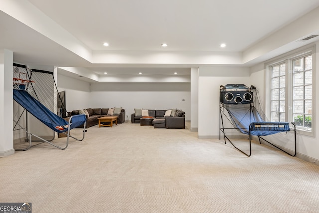 816 Blackfoot Trl, Suwanee, GA 30024 - rec room featuring carpet, baseboards, a tray ceiling, and recessed lighting