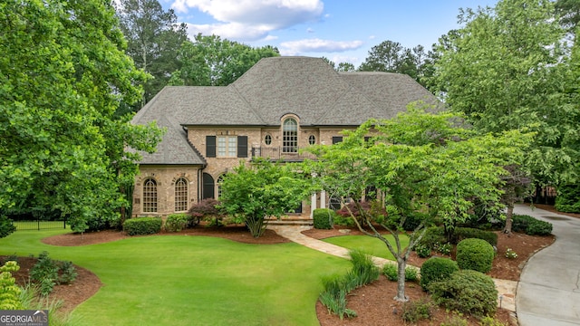 816 Blackfoot Trl, Suwanee, GA 30024 - french country home with a front yard, a shingled roof, and brick siding