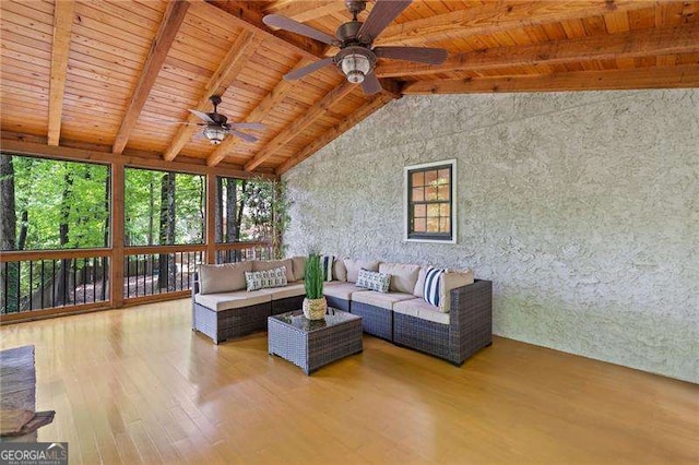 4402 Windsor Oaks Chase, Marietta, GA 30066 - living room featuring a ceiling fan, wood finished floors, and wooden ceiling
