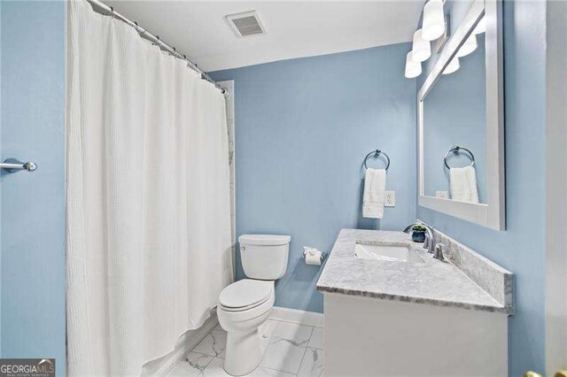4402 Windsor Oaks Chase, Marietta, GA 30066 - full bath with toilet, vanity, marble look tiles, a shower with curtain, and baseboards