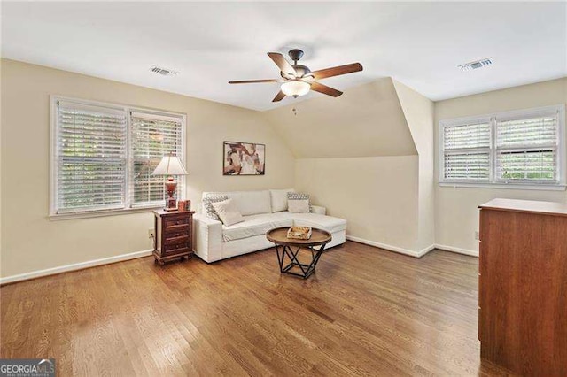 4402 Windsor Oaks Chase, Marietta, GA 30066 - living area with a ceiling fan, baseboards, wood finished floors, and vaulted ceiling