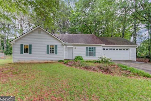2088 Blackberry Ln, Auburn, GA 30011 - single story home with asphalt driveway, a garage, a front lawn, roof with shingles, and crawl space