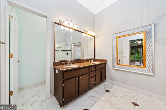 120 Bent Creek Dr, Woodstock, GA 30189 - full bath featuring marble look tiles, baseboards, double vanity, a shower, and lofted ceiling
