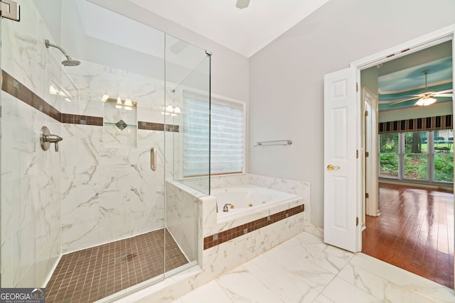 120 Bent Creek Dr, Woodstock, GA 30189 - full bathroom with a ceiling fan, a jetted tub, a marble finish shower, and marble finish floors