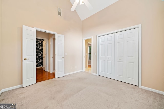 120 Bent Creek Dr, Woodstock, GA 30189 - unfurnished bedroom with carpet flooring, high vaulted ceiling, baseboards, ceiling fan, and a closet