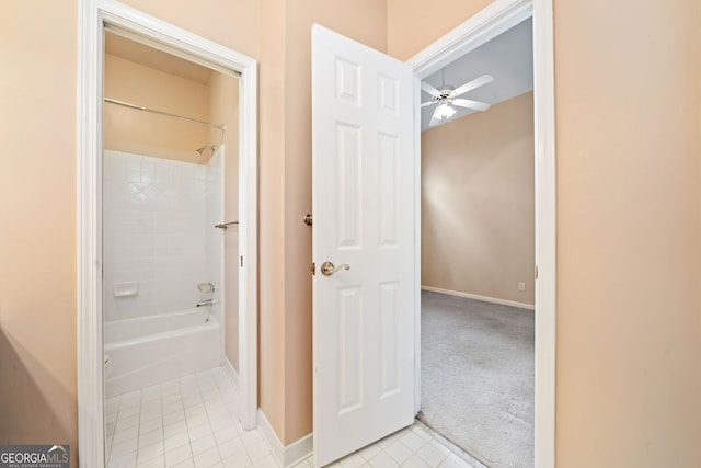 120 Bent Creek Dr, Woodstock, GA 30189 - bathroom with tile patterned floors, ceiling fan,  shower combination, and baseboards