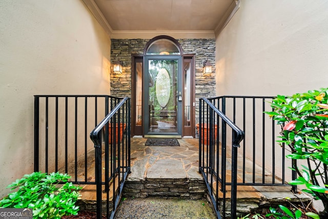 120 Bent Creek Dr, Woodstock, GA 30189 - doorway to property featuring stone siding, stucco siding, and a gate