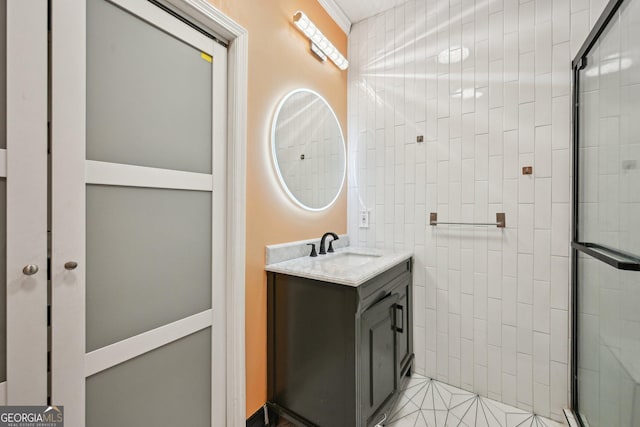 999 Smith St SW, Atlanta, GA 30310 - full bathroom with vanity, a tile shower, and crown molding