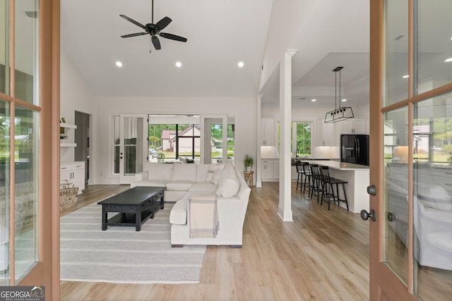 31 Bitter End Ct, Waverly, GA 31565 - living area with a ceiling fan, high vaulted ceiling, light wood finished floors, and recessed lighting