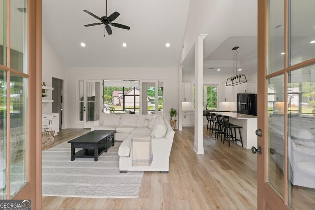 31 Bitter End Ct, Waverly, GA 31565 - living room featuring ceiling fan, high vaulted ceiling, light wood-style flooring, and recessed lighting