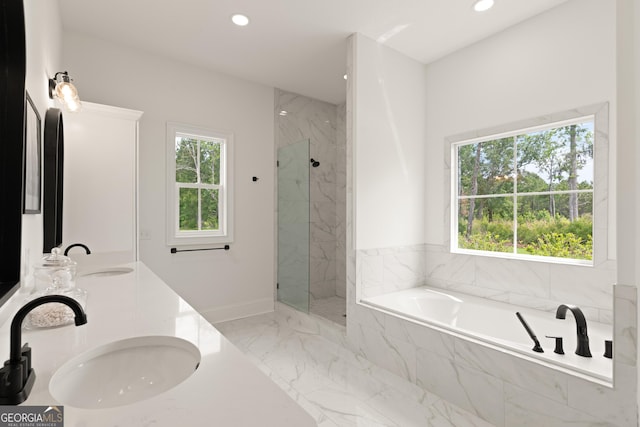 31 Bitter End Ct, Waverly, GA 31565 - full bathroom with a garden tub, marble finish flooring, recessed lighting, a marble finish shower, and double vanity