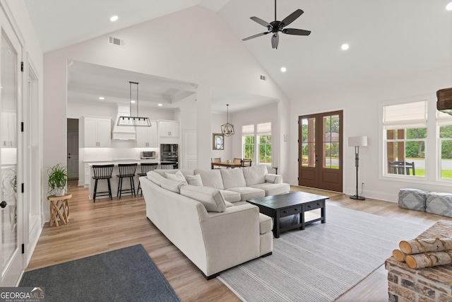 31 Bitter End Ct, Waverly, GA 31565 - living area with high vaulted ceiling, light wood-style floors, a ceiling fan, recessed lighting, and baseboards