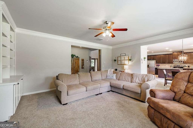1148 Abe Lincoln Way, Jefferson, GA 30549 - living room featuring a ceiling fan, crown molding, light colored carpet, and baseboards