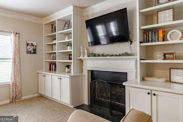1148 Abe Lincoln Way, Jefferson, GA 30549 - living area featuring a fireplace, plenty of natural light, baseboards, light carpet, and crown molding