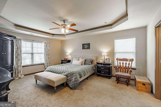 1148 Abe Lincoln Way, Jefferson, GA 30549 - bedroom featuring a raised ceiling, light colored carpet, ornamental molding, and ceiling fan