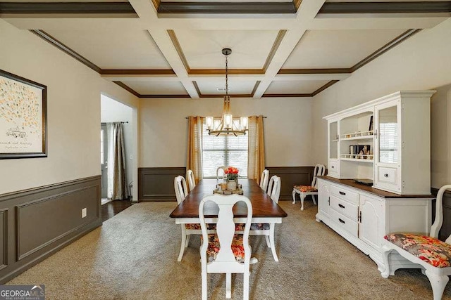 1148 Abe Lincoln Way, Jefferson, GA 30549 - dining space with coffered ceiling, a chandelier, wainscoting, beamed ceiling, and a decorative wall