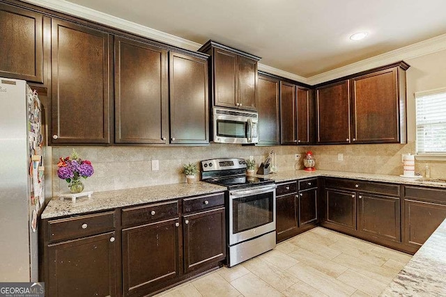 1148 Abe Lincoln Way, Jefferson, GA 30549 - kitchen with stainless steel appliances, tasteful backsplash, light stone counters, ornamental molding, and dark brown cabinets
