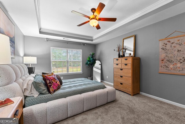 3 Stonebridge Way, Newnan, GA 30265 - bedroom with a raised ceiling, carpet flooring, baseboards, ceiling fan, and ornamental molding