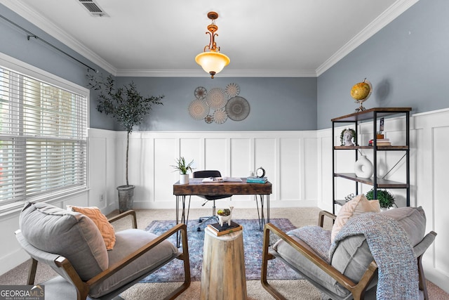 3 Stonebridge Way, Newnan, GA 30265 - office featuring a decorative wall, crown molding, carpet flooring, and wainscoting