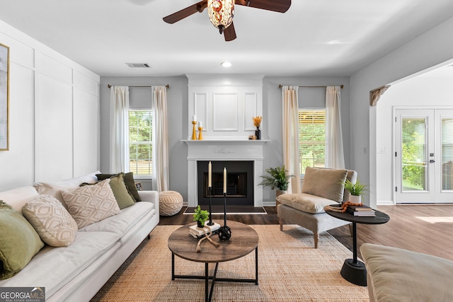 3 Stonebridge Way, Newnan, GA 30265 - living area with ceiling fan, wood finished floors, a large fireplace, and recessed lighting