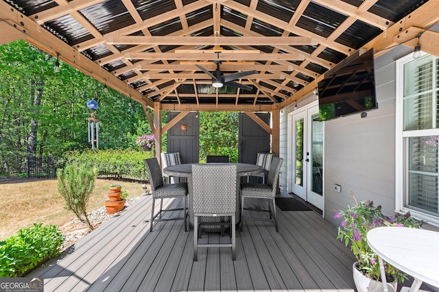 3 Stonebridge Way, Newnan, GA 30265 - wooden terrace with outdoor dining area, french doors, a gazebo, and ceiling fan