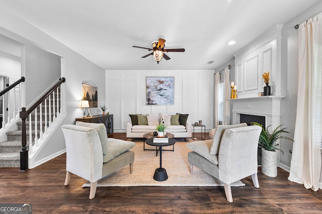 3 Stonebridge Way, Newnan, GA 30265 - living room featuring a ceiling fan, a decorative wall, stairs, recessed lighting, and dark wood finished floors