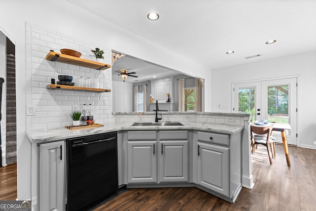 3 Stonebridge Way, Newnan, GA 30265 - kitchen featuring black dishwasher, a sink, gray cabinetry, a peninsula, and dark wood-style floors