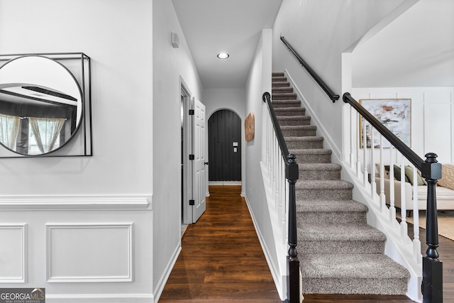 3 Stonebridge Way, Newnan, GA 30265 - staircase featuring recessed lighting, wood finished floors, and baseboards