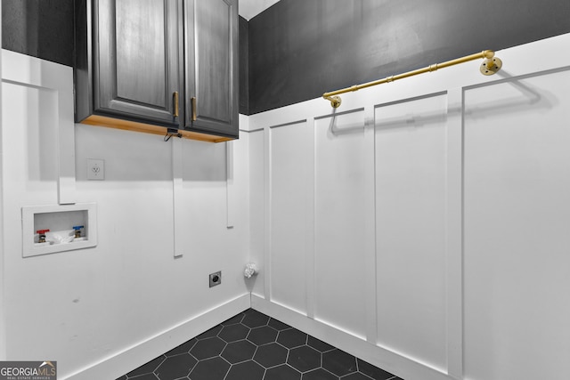 3 Stonebridge Way, Newnan, GA 30265 - laundry area with electric dryer hookup, cabinet space, hookup for a washing machine, and dark tile patterned floors
