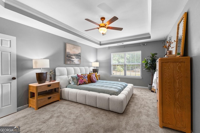3 Stonebridge Way, Newnan, GA 30265 - bedroom featuring a tray ceiling, light colored carpet, baseboards, a ceiling fan, and ornamental molding